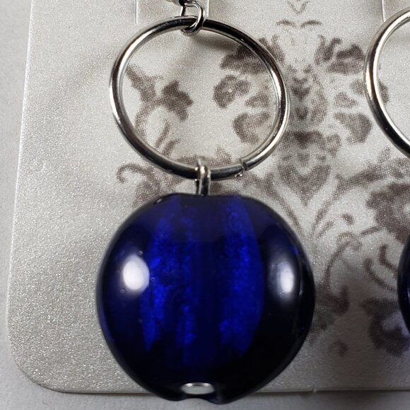 Polished Silver tone Hoop Blue Beaded Dangle Drop Earrings - Picture 2 of 4